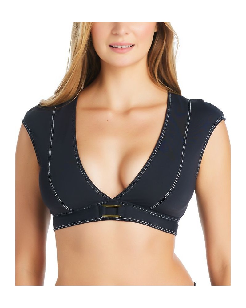 Women's A Fine Line Cap-Sleeve Buckle-Front Cropped Swim Top Black $47.50 Swimsuits