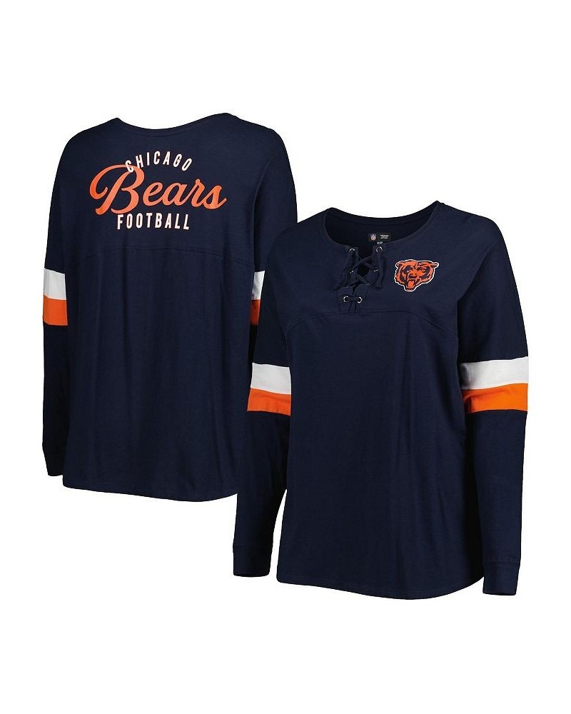 Women's Navy Chicago Bears Plus Size Athletic Varsity Lace-Up V-Neck Long Sleeve T-shirt Navy $32.47 Tops