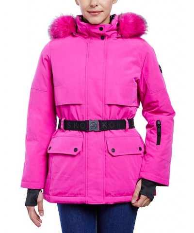 Women's Belted Hooded Faux-Fur-Trim Puffer Coat Pink $60.80 Coats