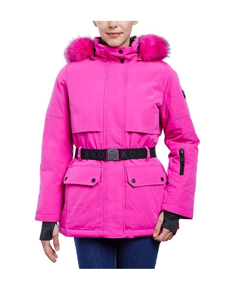 Women's Belted Hooded Faux-Fur-Trim Puffer Coat Pink $60.80 Coats