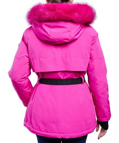 Women's Belted Hooded Faux-Fur-Trim Puffer Coat Pink $60.80 Coats