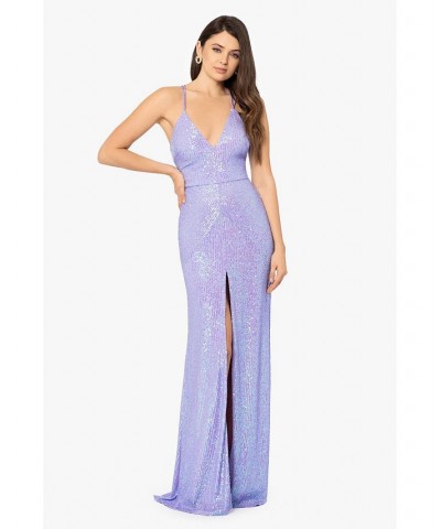 Juniors' Long Sequin Strappy Gown Lavender $89.31 Dresses