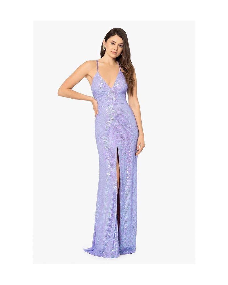 Juniors' Long Sequin Strappy Gown Lavender $89.31 Dresses