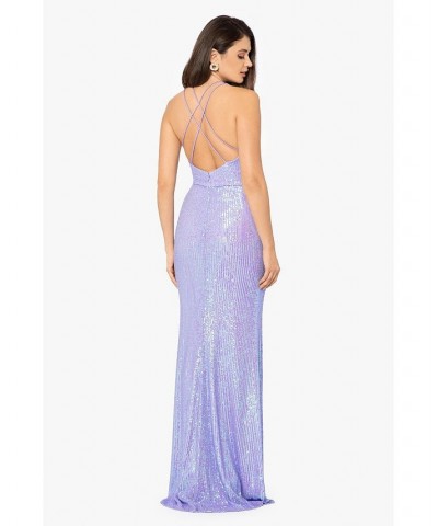 Juniors' Long Sequin Strappy Gown Lavender $89.31 Dresses