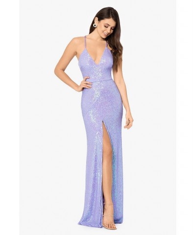 Juniors' Long Sequin Strappy Gown Lavender $89.31 Dresses