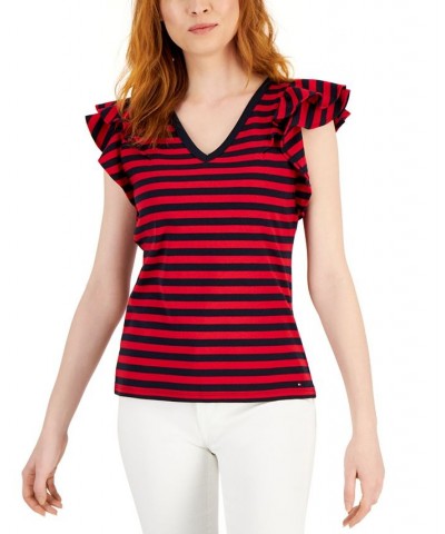 Women's Striped Ruffle Cotton Tank Top Bi Stripe- Sky Captain/ Scarlet $15.65 Tops