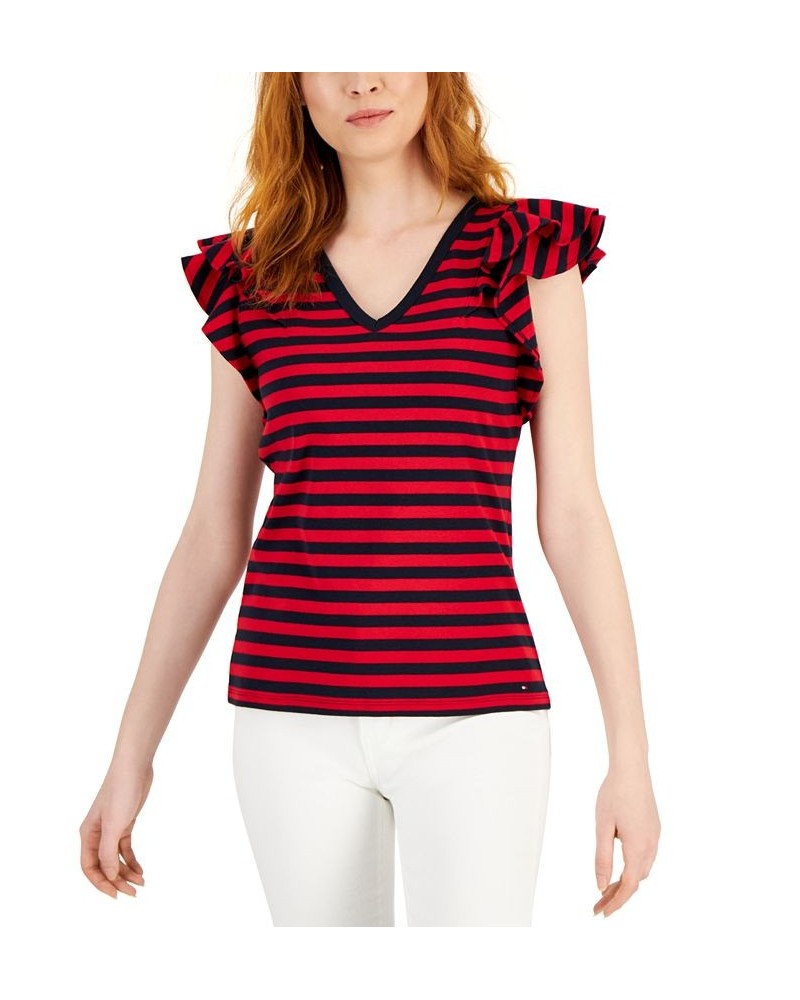 Women's Striped Ruffle Cotton Tank Top Bi Stripe- Sky Captain/ Scarlet $15.65 Tops