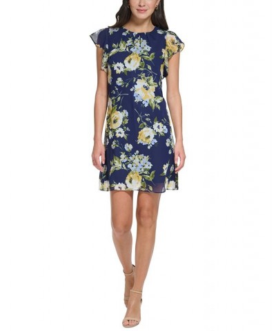 Petite Floral-Print Flutter-Sleeve Dress Navy Yellow $32.39 Dresses