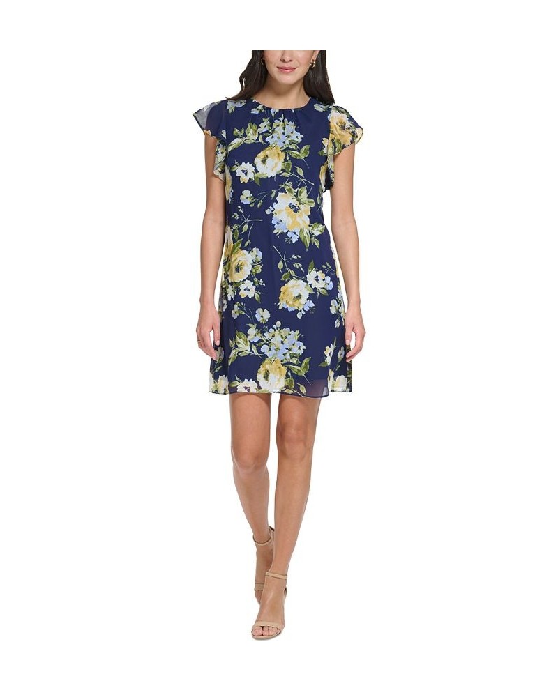 Petite Floral-Print Flutter-Sleeve Dress Navy Yellow $32.39 Dresses