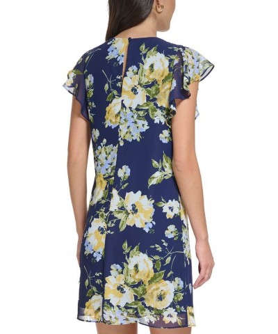 Petite Floral-Print Flutter-Sleeve Dress Navy Yellow $32.39 Dresses