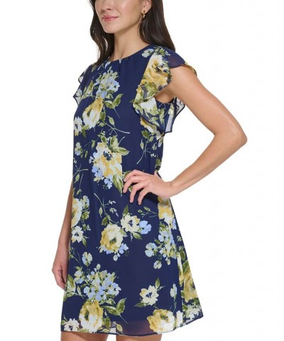 Petite Floral-Print Flutter-Sleeve Dress Navy Yellow $32.39 Dresses