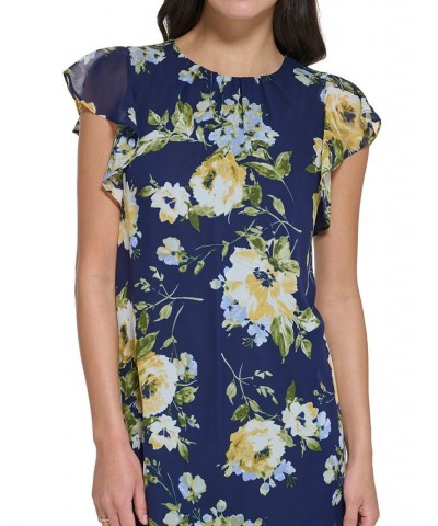 Petite Floral-Print Flutter-Sleeve Dress Navy Yellow $32.39 Dresses