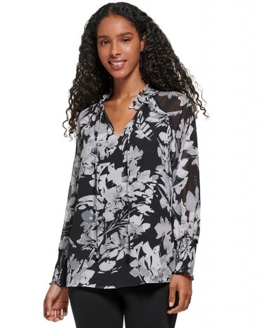 Women's Printed Chiffon Peasant Blouse Black/Grey Multi $29.43 Tops