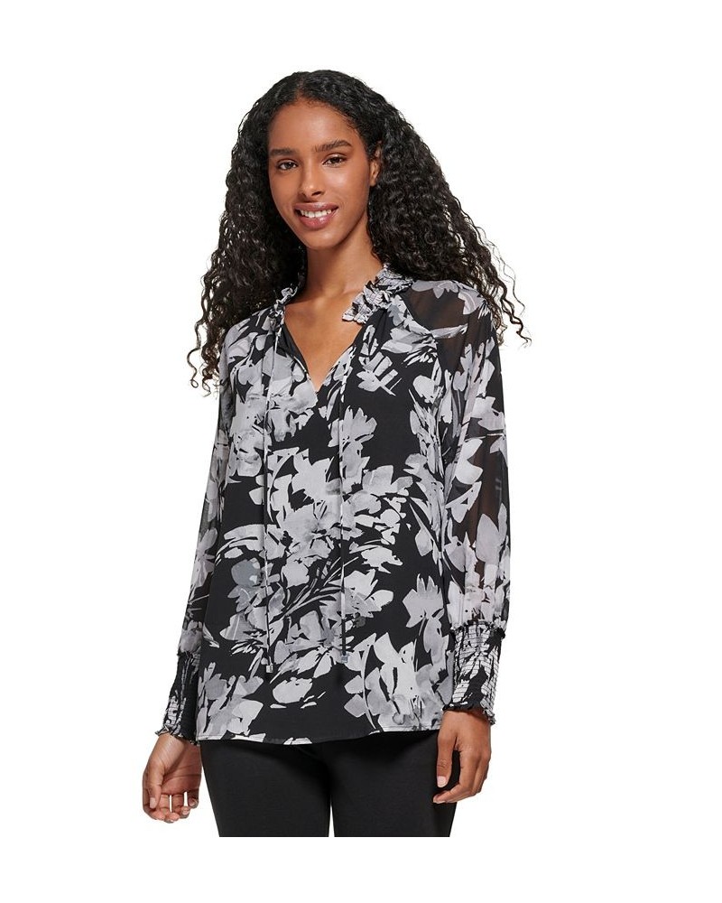 Women's Printed Chiffon Peasant Blouse Black/Grey Multi $29.43 Tops