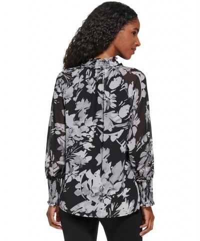 Women's Printed Chiffon Peasant Blouse Black/Grey Multi $29.43 Tops