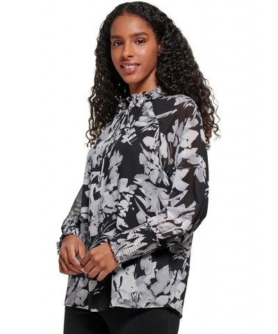 Women's Printed Chiffon Peasant Blouse Black/Grey Multi $29.43 Tops