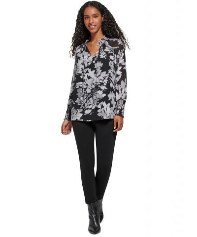 Women's Printed Chiffon Peasant Blouse Black/Grey Multi $29.43 Tops