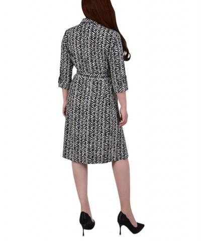 Women's 3/4 Sleeve Roll Tab Shirtdress with Belt Black White Zig Zag $20.72 Dresses