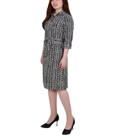 Women's 3/4 Sleeve Roll Tab Shirtdress with Belt Black White Zig Zag $20.72 Dresses