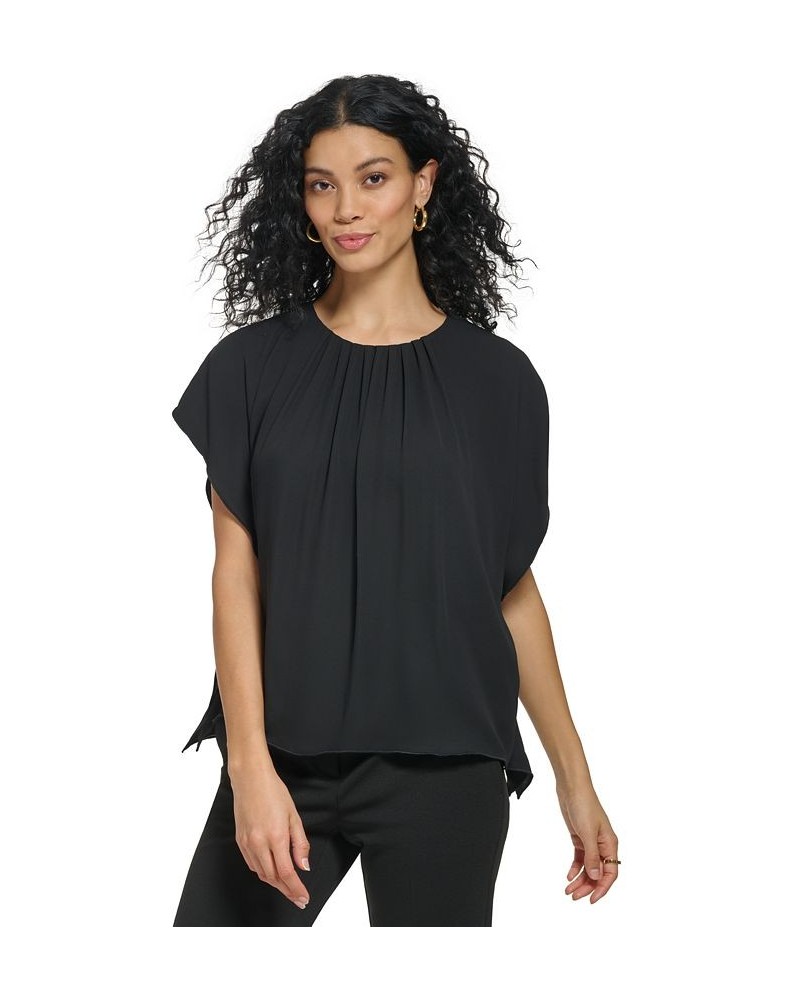 Women's Shirred Crewneck Flutter Sleeve Black $15.99 Tops