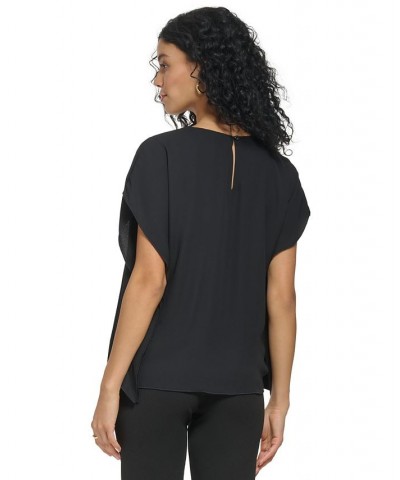 Women's Shirred Crewneck Flutter Sleeve Black $15.99 Tops