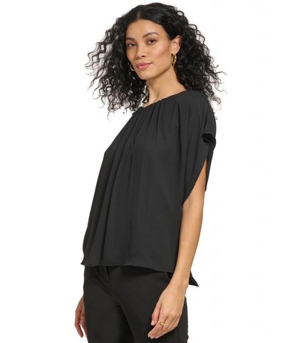 Women's Shirred Crewneck Flutter Sleeve Black $15.99 Tops