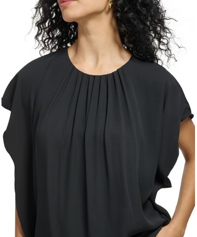 Women's Shirred Crewneck Flutter Sleeve Black $15.99 Tops