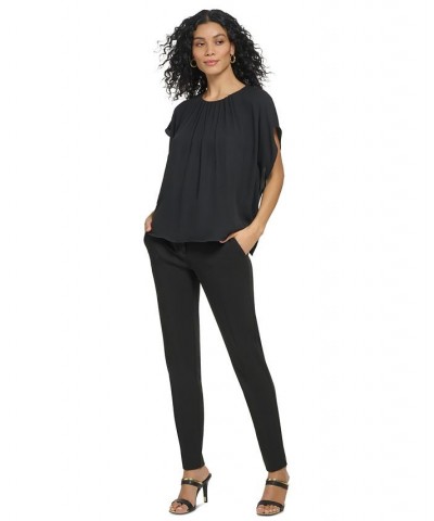 Women's Shirred Crewneck Flutter Sleeve Black $15.99 Tops