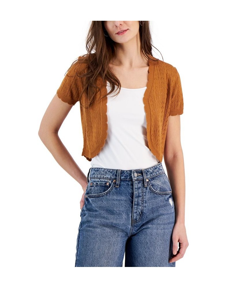 Juniors' Short Sleeve Pointelle Cardigan Sweater Brown $12.15 Sweaters