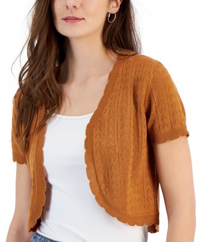 Juniors' Short Sleeve Pointelle Cardigan Sweater Brown $12.15 Sweaters