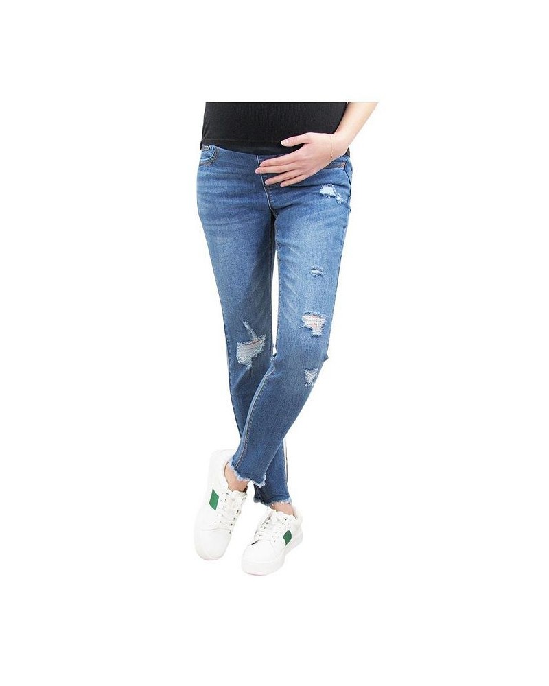 Chewed Hem Maternity Skinny Jean with Destructed Back Pocket Blue $17.23 Jeans