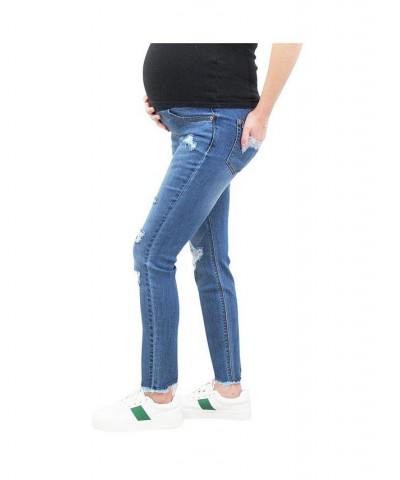 Chewed Hem Maternity Skinny Jean with Destructed Back Pocket Blue $17.23 Jeans