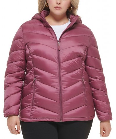 Women's Plus Size Hooded Packable Puffer Coat Pink $26.40 Coats