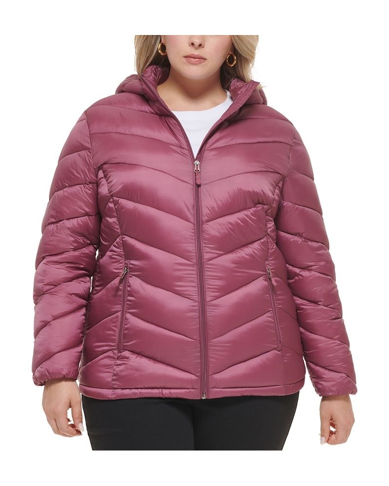 Women's Plus Size Hooded Packable Puffer Coat Pink $26.40 Coats