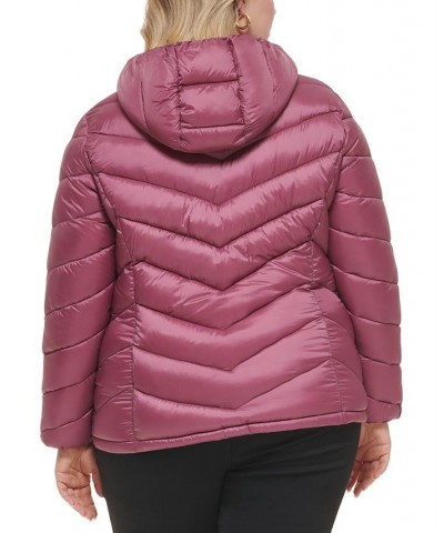 Women's Plus Size Hooded Packable Puffer Coat Pink $26.40 Coats