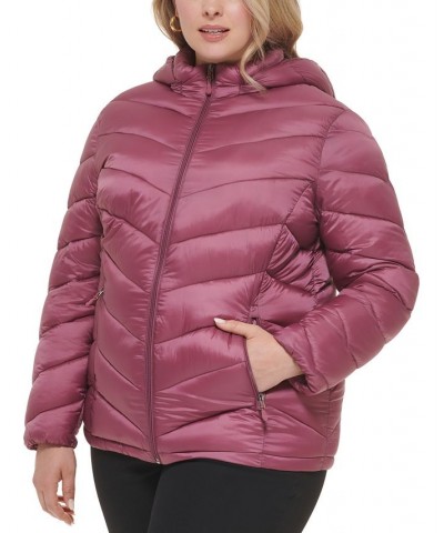 Women's Plus Size Hooded Packable Puffer Coat Pink $26.40 Coats