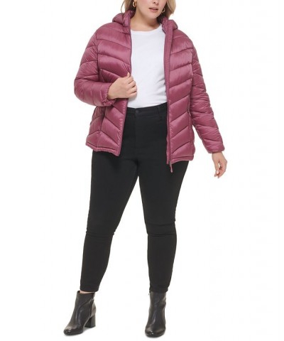 Women's Plus Size Hooded Packable Puffer Coat Pink $26.40 Coats