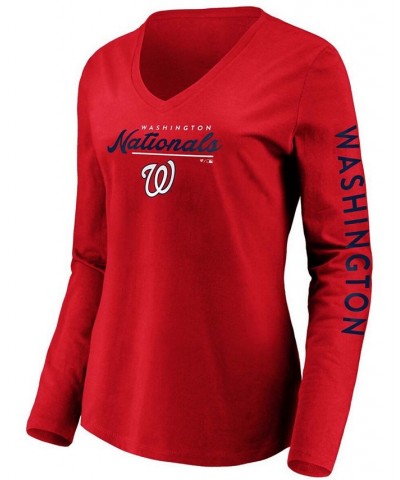 Women's Red Washington Nationals Core High Class Long Sleeve V-Neck T-shirt Red $26.54 Tops