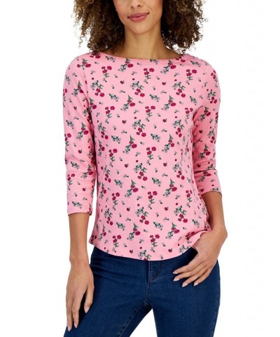Women's Floral Boat-Neck 3/4-Sleeve Top Pink $14.99 Tops