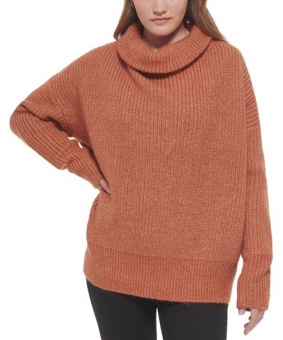 Women's Oversized Ribbed Turtleneck Sweater Brown $28.67 Sweaters