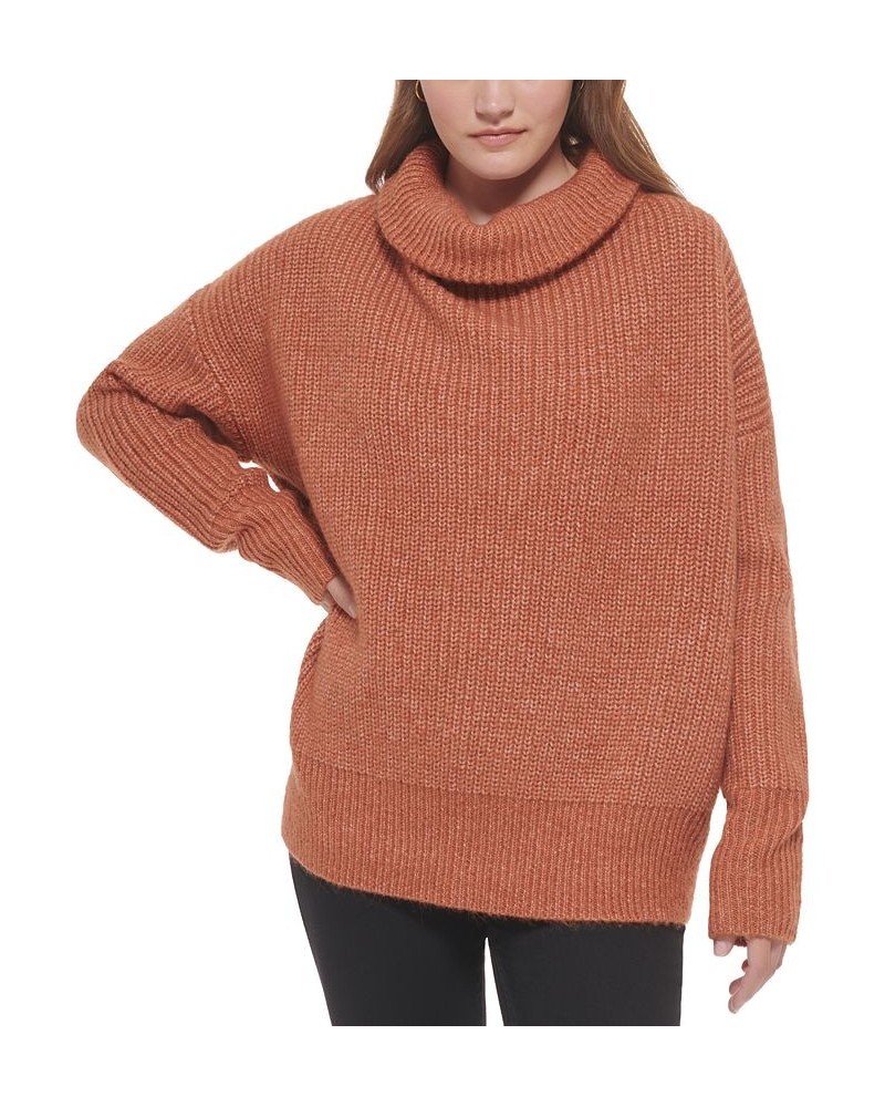 Women's Oversized Ribbed Turtleneck Sweater Brown $28.67 Sweaters