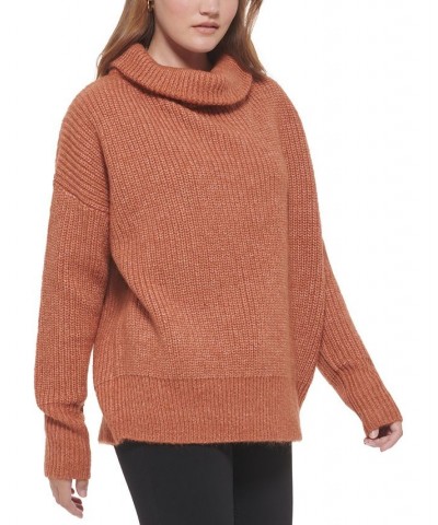 Women's Oversized Ribbed Turtleneck Sweater Brown $28.67 Sweaters