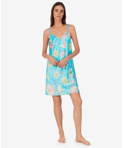 Women's Double Strap Shirred V-Neck Chemise Aqua Floral $30.80 Sleepwear