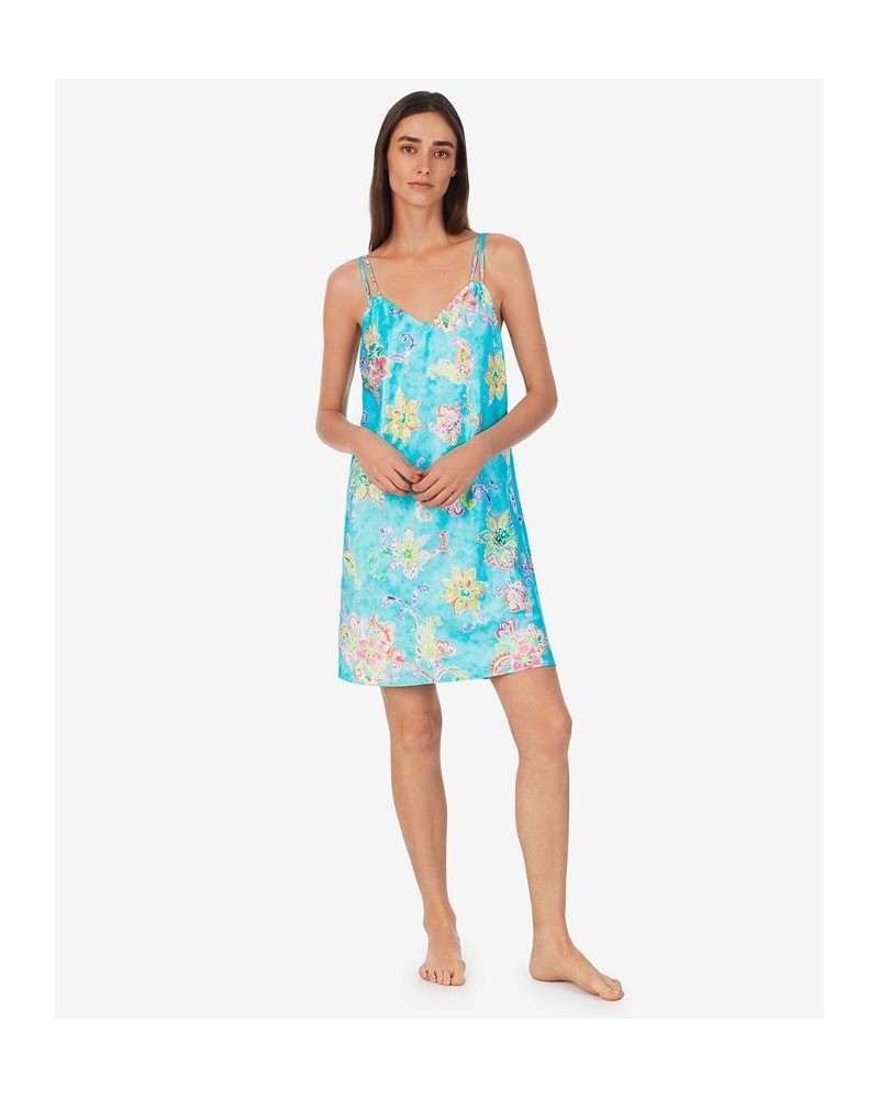 Women's Double Strap Shirred V-Neck Chemise Aqua Floral $30.80 Sleepwear