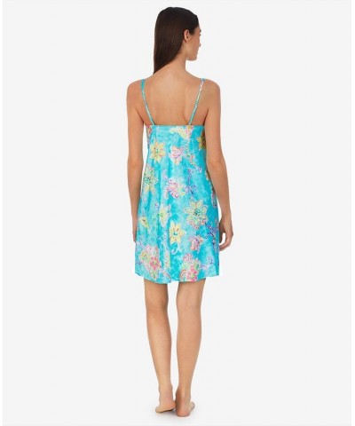 Women's Double Strap Shirred V-Neck Chemise Aqua Floral $30.80 Sleepwear