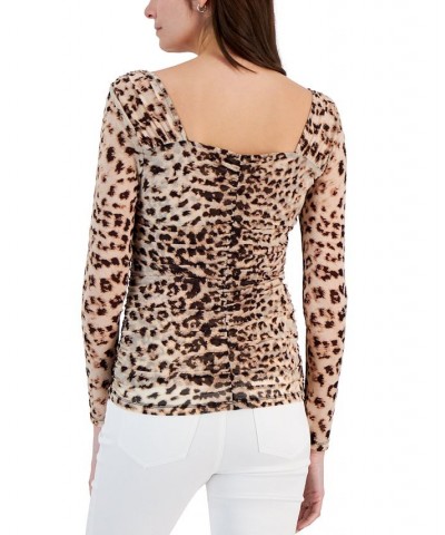 Women's Ruched Printed Top Tan/Beige $15.29 Tops