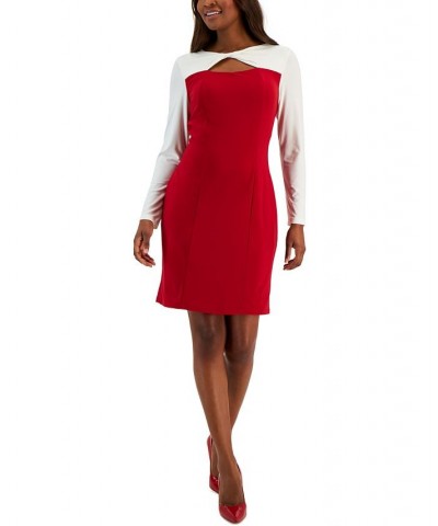 Women's Colorblock Knot-Neck Bodycon Dress Crimson/Cream $27.53 Dresses