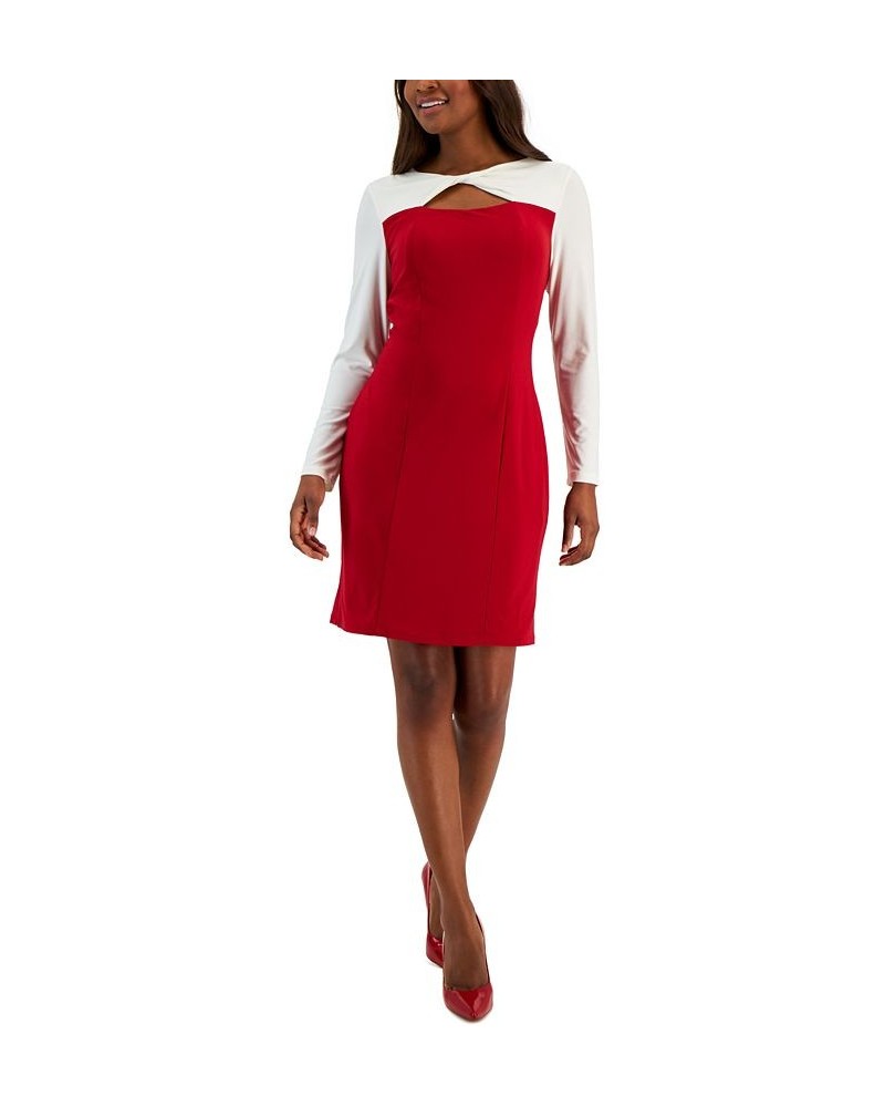 Women's Colorblock Knot-Neck Bodycon Dress Crimson/Cream $27.53 Dresses