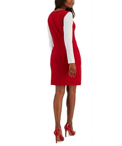 Women's Colorblock Knot-Neck Bodycon Dress Crimson/Cream $27.53 Dresses