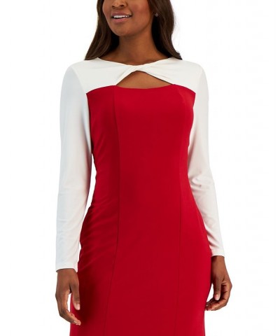 Women's Colorblock Knot-Neck Bodycon Dress Crimson/Cream $27.53 Dresses